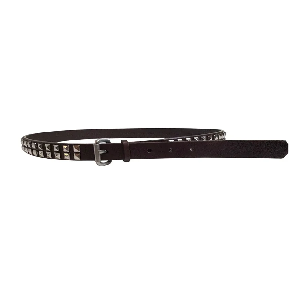 DKNY Jeans Womens Dark Brown Leather Double Studded Skinny Belt Silver Pyramid